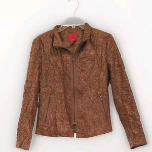V Cristina Crinkled Faux Leather Jacket Size Medium Brown Full Zip Lined Pockets